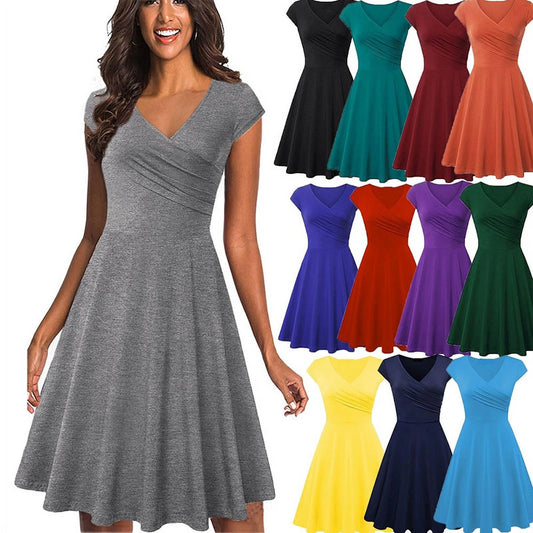FreshLook Summer Floral Print A Line Cap Sleeve V Neck Swing Dress,Women
